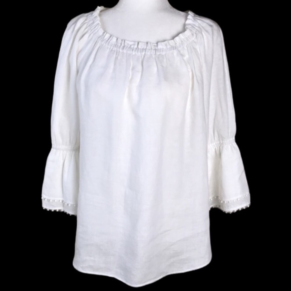 Sara Campbell Boho Linen Pom Pom Detail Milkmaid Top Sz M